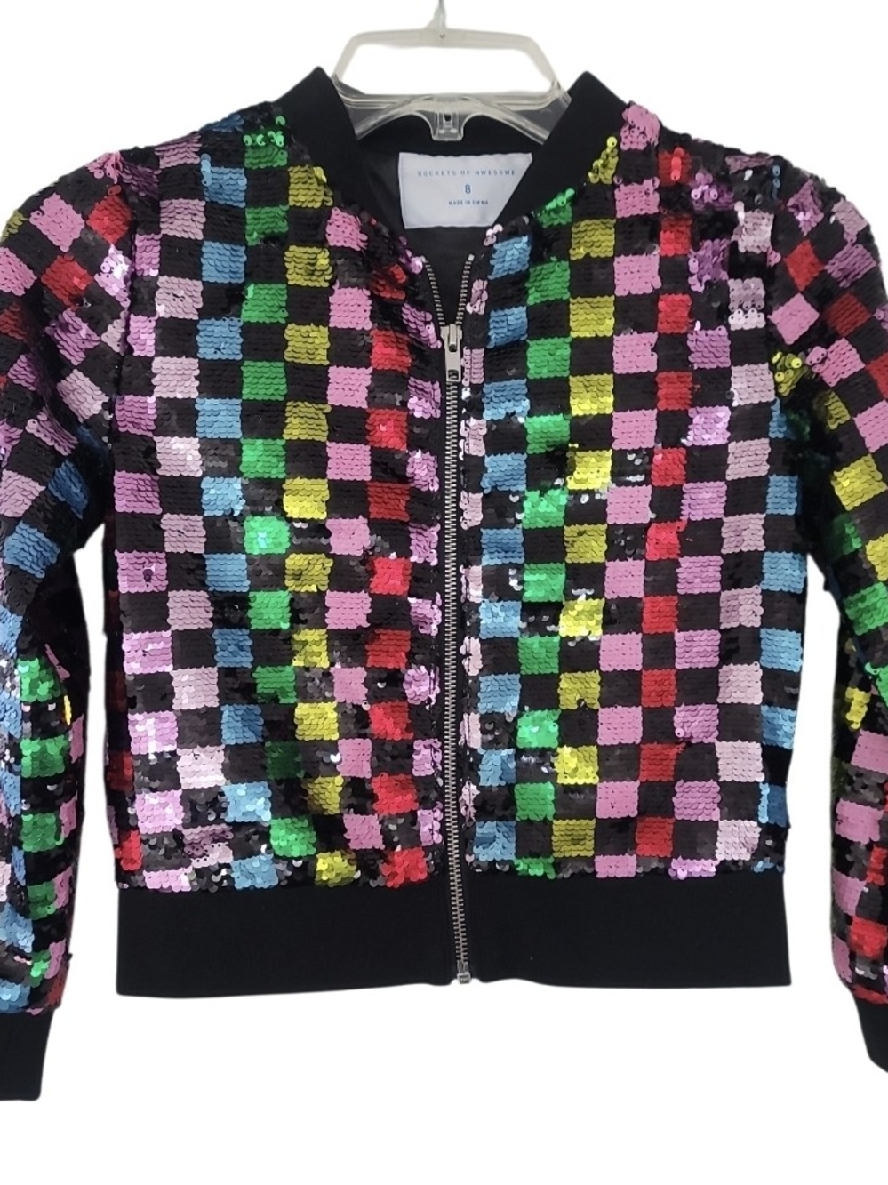 Girls ROCKETS Of AWESOME Retro Rainbow Sequin Check Bomber Jacket size 8